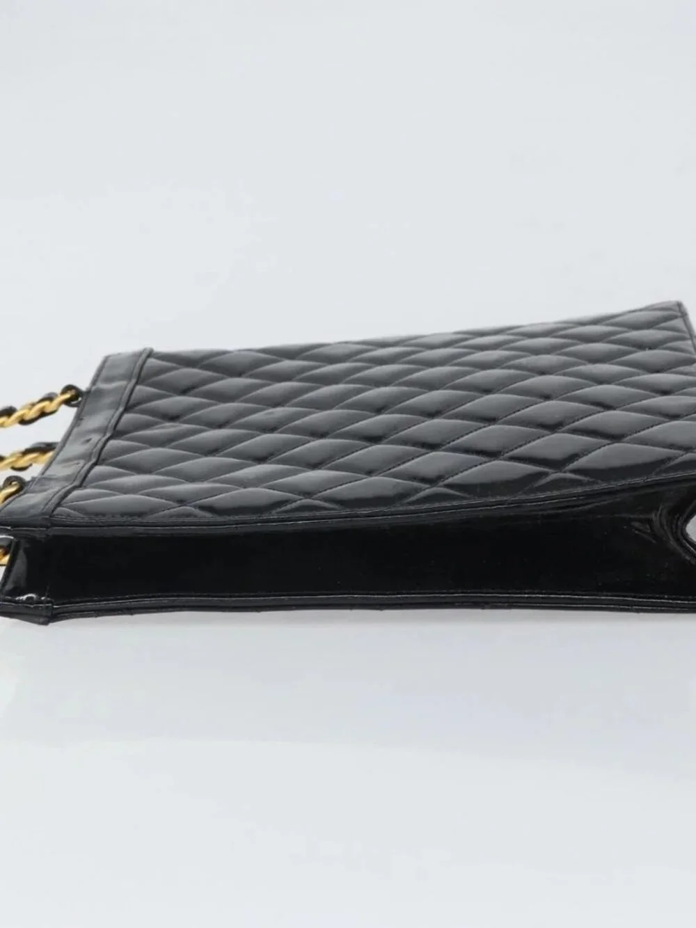 CHANEL Matelasse Hand Bag Patent leather Black Gold CC Auth BA9804